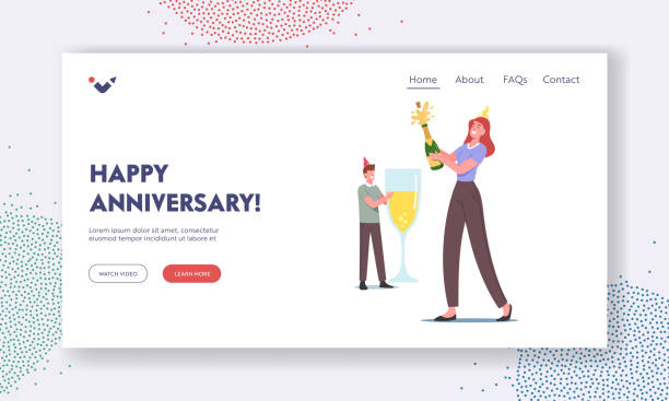 illustrazioni stock, clip art, cartoni animati e icone di tendenza di modello pagina di destinazione dell'anniversario felice. i personaggi di coppia amorevoli in divertenti berretti bevono champagne festeggiare un anno - champagne flute jubilee champagne wine