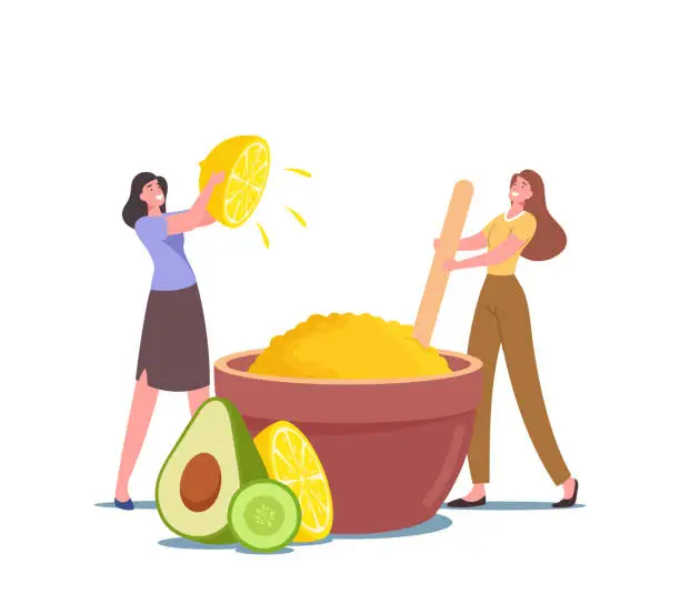 Vector illustration of Tiny Female Characters Making Beauty Product in Huge Bowl for Skin Whitening of Lemon Juice, Avocado and Aroma Oils