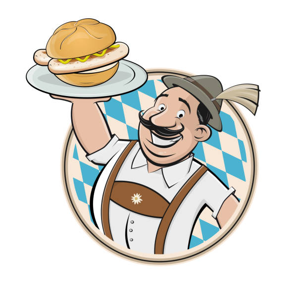 ilustrações de stock, clip art, desenhos animados e ícones de funny bavarian cartoon man serving bavarian specialty bratwurstsemmel - cooked barbecue eating serving