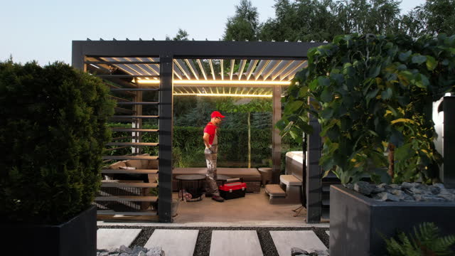 SPA Technician Inside Modern Garden Gazebos Shelter
