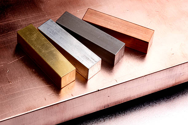 Four metals copper, gold, steel and aluminum shot of copper bar bronze alloy stock pictures, royalty-free photos & images