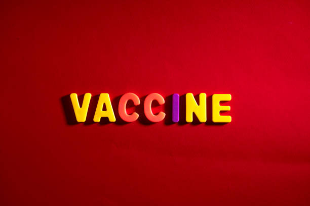 istock Completing vaccine words. Vaccine word made from colourful plastic baby development blocks. Red background 1333081969