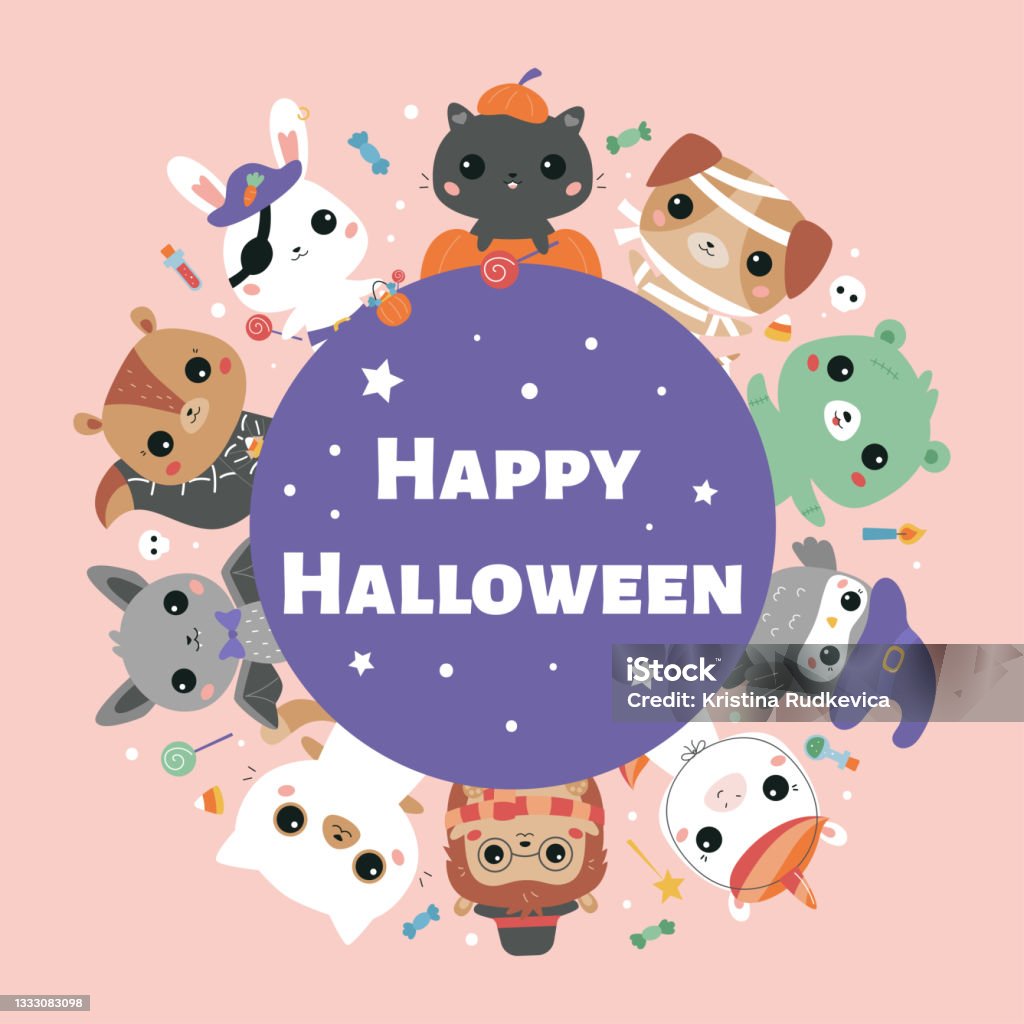 Happy Halloween Circle Shape Greeting Card With Cute Kawaii Animals In  Different Costumes Cartoon Cat Bat Dog Bunny Hedgehog Squirrel Pony Bear  And Owl Vector Illustration Stock Illustration - Download Image Now -