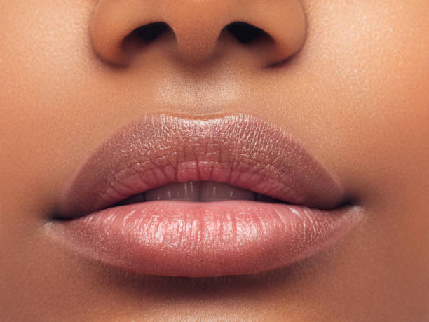 여성의 얼굴의 일부. 여자의 입술과 코. 부드러운 피부 - human lips 이미지 뉴스 사진 이미지