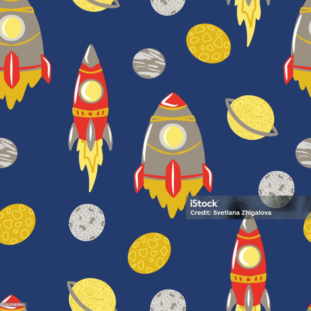 Seamless Space Pattern With Single Elements Rocket Planets Jupiter ...