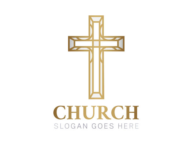 ilustrações, clipart, desenhos animados e ícones de logotipo da igreja cristã de ouro com cruz - cini