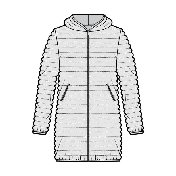 Vector illustration of Down puffer coat jacket technical fashion illustration with long sleeves, hoody collar, pockets, oversized, hip length