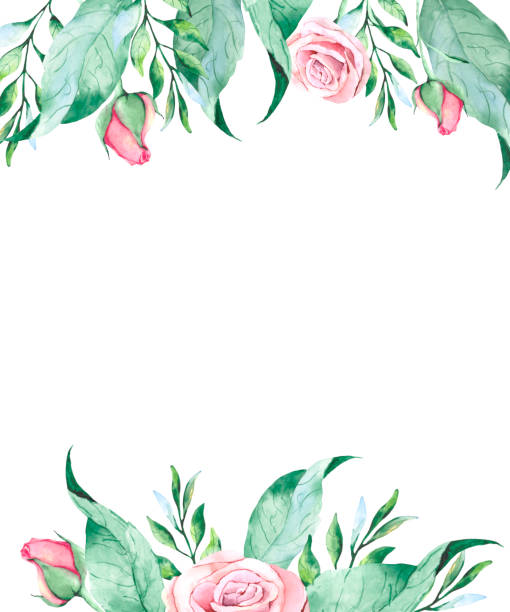 istock Botanical greeting card with green leaves and a pink rose on a white background with space for text. Delicate watercolors for postcards, invitations and designs on the theme of nature and flowers. 1333086711