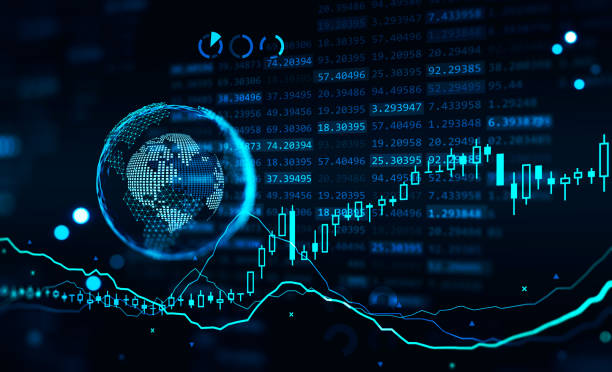 istock Holographic Earth with diagram and data, dark blue, neon shades 1333086748