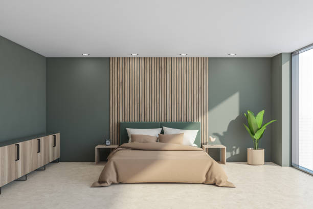 istock Light moss green bedroom with beige details 1333086930