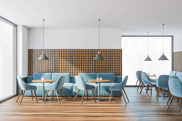 istock Panoramic restaurant with blue furnishings 1333087006