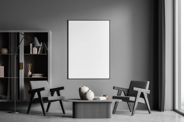 istock Modern living room interior with grey concrete floor and big window. Mock up empty posters on the wall. Concept of contemporary design. 1333087101