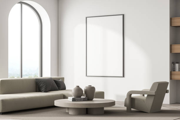 istock Poster in the light beige waiting room with arch window. Corner view 1333087129