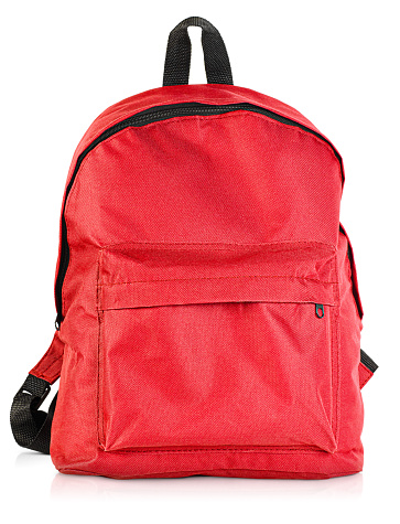 one red school bag on isolated white background