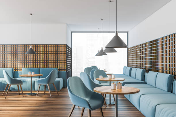 istock Restaurant with blue furnishings and panoramic view 1333087926