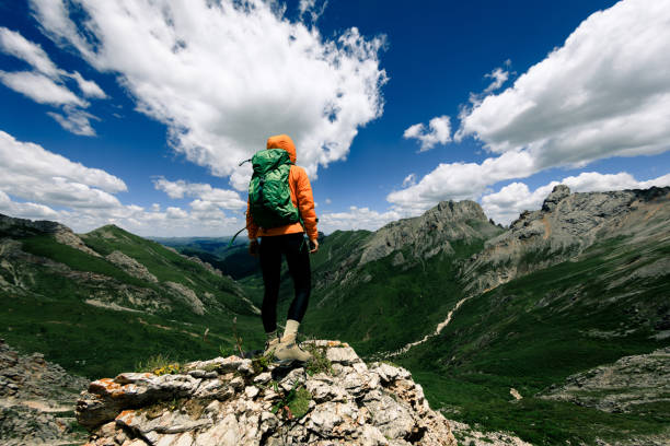 istock Successful woman backpacker hiking on alpine mountain peak 1333092984