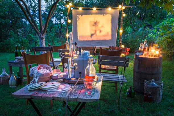 istock Open air summer cinema with drinks and snacks in evening 1333093021