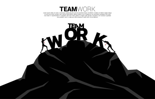 Silhouette of two businessman pushing the wording teamwork to the top of mountain. concept of business challenge and teamwork. boulder rock stock illustrations