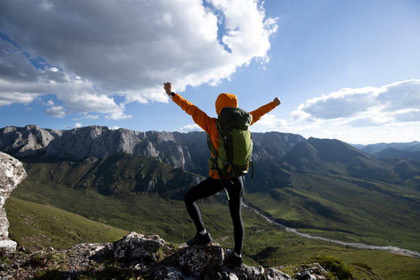 istock Successful woman backpacker hiking on alpine mountain peak 1333094409