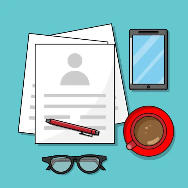 Vector illustration of Work desk with telephone, coffee, pen and sheets. Isolated vector