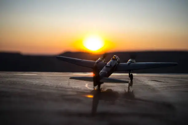 German World war bomber at sunset ready to fly. Creative artwork decoration. Selective focus