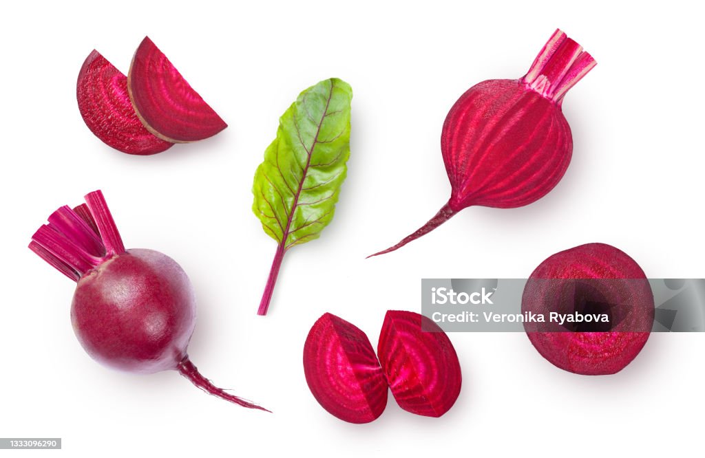 Common beet Ripe whole and sliced beetroot isolated on white background. High angle view. Beet Stock Photo
