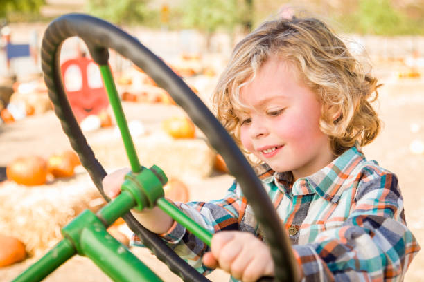 istock Little Boy Having Fun In A Tractor in a Rustic Ranch Setting at the Pumpkin Patch. 1333096477