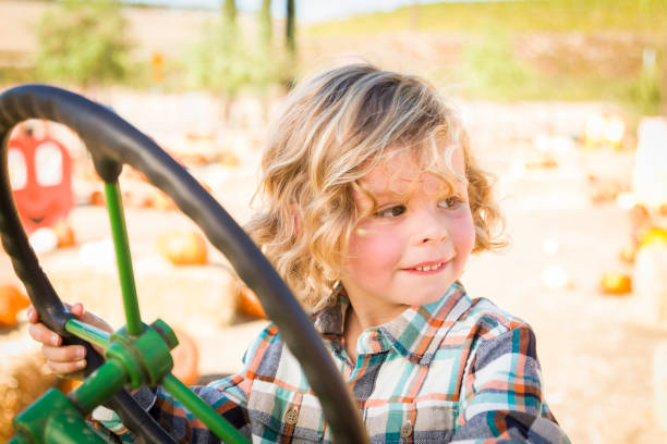 istock Little Boy Having Fun In A Tractor in a Rustic Ranch Setting at the Pumpkin Patch. 1333096481