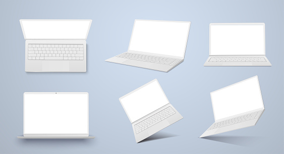 Realistic thin white laptop ultrabook mock up vector illustration. Collection gadgets, Mockups to showcase your web-site design. Digital technology with copy space for presentation. Mock up for design
