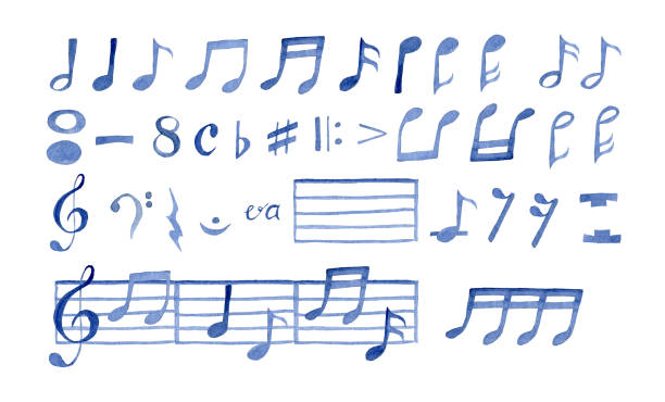 большой набор акварельных нот - musical staff music piano blue stock illustrations