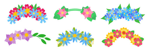 ilustrações de stock, clip art, desenhos animados e ícones de wreaths abstract flower flat colorful icons set - coroa de flores