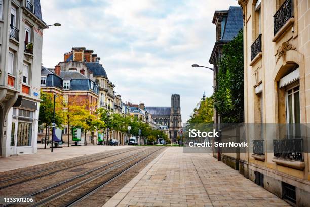 Cours Jeanbaptiste Langlet With Tram Lines Reims Stock Photo - Download Image Now - Street, City Street, Downtown District