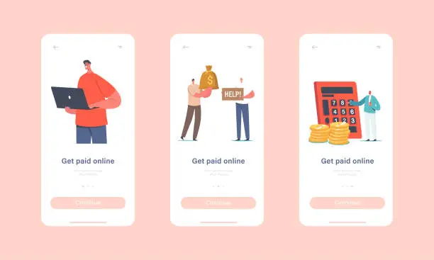 Vector illustration of Online Payment Mobile App Page Onboard Screen Template. Characters Paying Cashless Using Cards in Internet Stores