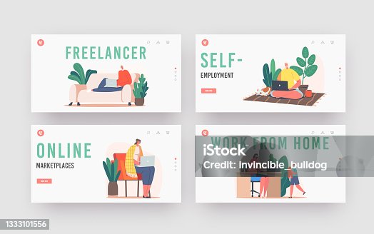 istock Freelance Self-employed Occupation Landing Page Template Set. Freelancers or Outsourced Workers Characters Working 1333101556