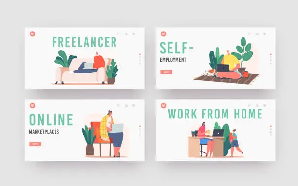 Vector illustration of Freelance Self-employed Occupation Landing Page Template Set. Freelancers or Outsourced Workers Characters Working