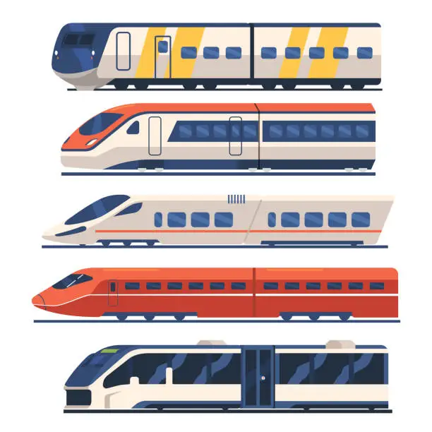 Vector illustration of Set Train, Tram and Metro Side View, Subway Locomotive on Rails, Modern Commuter City Transport, Railway Vehicle Modes