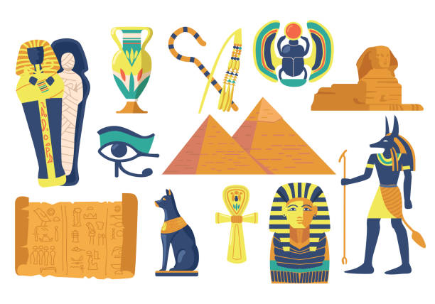 illustrations, cliparts, dessins animés et icônes de ensemble de symboles religieux et de monuments de l’égypte antique. sphinx, scarabée et momie, œil de la providence, pyramides égyptiennes - anubis