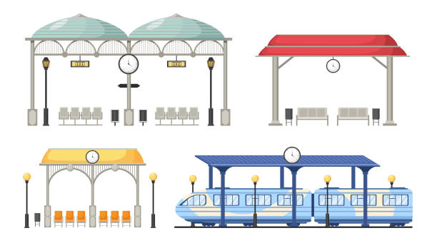bahnhofsbahnsteig mit kunststoffsitzen, zug- und digitaluhranzeige und hängeuhr mit straßenlaternen - bahnsteig stock-grafiken, -clipart, -cartoons und -symbole