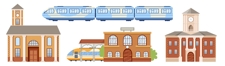 Railway Station Building Facade and Modern Train. Platform Design with Clock Tower, Digital Display on Roof and Clock, Exterior Isolated on White Background. Cartoon Vector Illustration, Icons