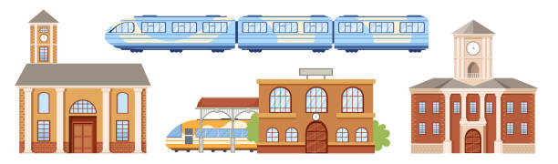 Railway Station Building Facade and Modern Train. Platform Design with Clock Tower on Roof and Clock, Exterior Isolated Railway Station Building Facade and Modern Train. Platform Design with Clock Tower, Digital Display on Roof and Clock, Exterior Isolated on White Background. Cartoon Vector Illustration, Icons train stations stock illustrations