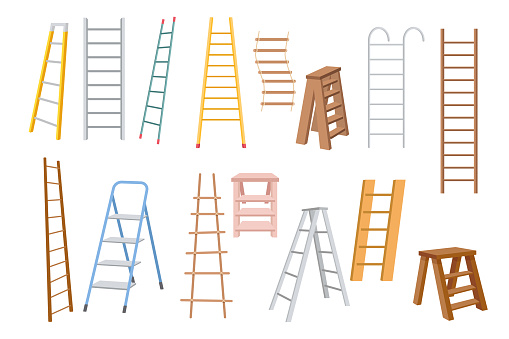 Set of Step Ladders, Metal, Wooden and Suspended and Rope Stairways for Renovation Works Isolated on White Background. Household Tools, Stepladders, Working Instruments. Cartoon Vector Illustration