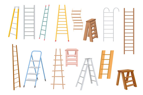 Set of Step Ladders, Metal, Wooden and Suspended and Rope Stairways for Renovation Works Isolated on White Background Set of Step Ladders, Metal, Wooden and Suspended and Rope Stairways for Renovation Works Isolated on White Background. Household Tools, Stepladders, Working Instruments. Cartoon Vector Illustration ladder stock illustrations