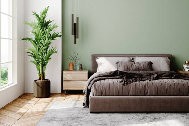 Modern Style Bedroom Interior Interior of a modern bedroom decorated with modern furniture with pastel tones. bedroom plants stock pictures, royalty-free photos & images
