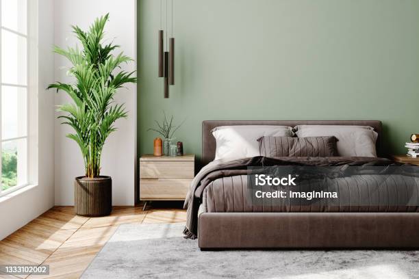 Modern Style Bedroom Interior Stock Photo - Download Image Now - Bedroom, Green Color, Indoors