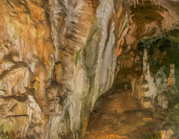 Abstract drawing of an underground cave with stalactites and stalagmites. Limestone karst formation. Travel and vacation concept. Digital painting. Abstract naturalism, relief pattern Abstract drawing of an underground cave with stalactites and stalagmites. Limestone karst formation. Travel and vacation concept. Digital painting. Abstract naturalism, relief pattern. digital underground stock pictures, royalty-free photos & images