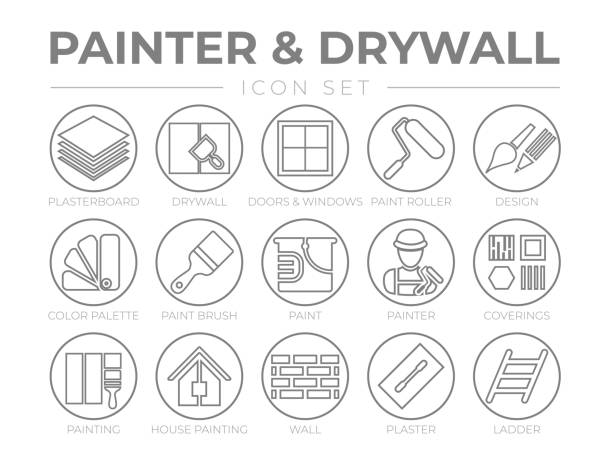 ilustrações, clipart, desenhos animados e ícones de conjunto de ícones de contorno redondo do pintor e drywall - cini
