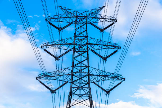 High Voltage Power lines and cables stock photo