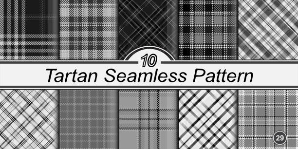 Abstract black and white plaid seamless background. Tartan pattern set. Abstract black and white plaid seamless background. Straight and oblique scottish cage. Vector graphics printing on fabrics, shirts and textiles. tsp stock illustrations