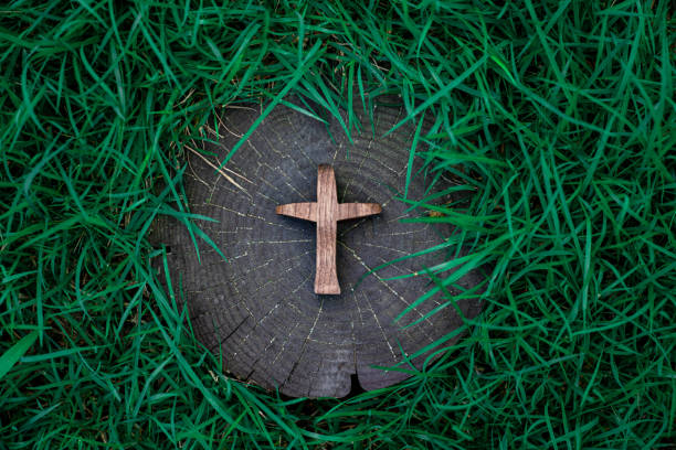 istock Background wood cross in grass 1333118816