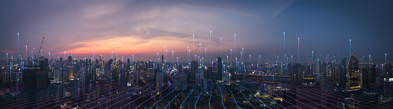 Smart city dot point connect with gradient line, connection technology concept. Night city banner with big data.